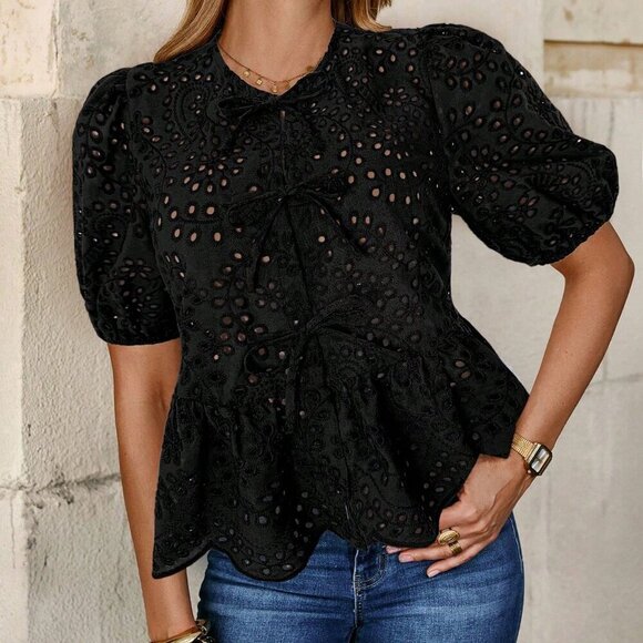 Boho Black Modern Front Tie Puff Sleeve Embroidery Elegant Blouse, Vacation - Picture 4 of 6